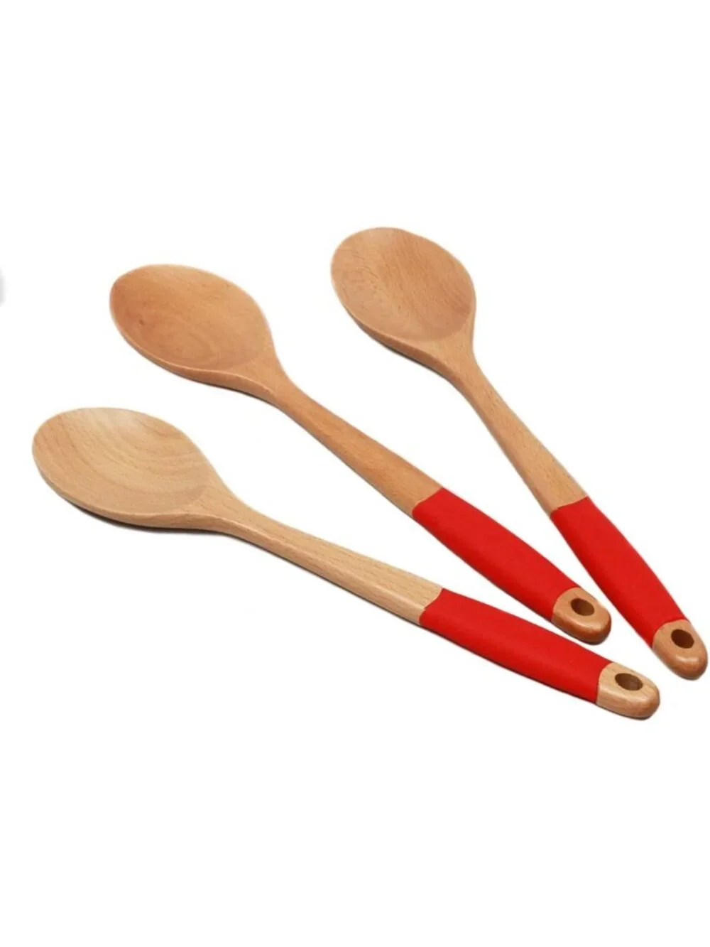 Premium Silicone Handle Wooden Spoon Set - 14 Inch Kitchen Utensils, Red